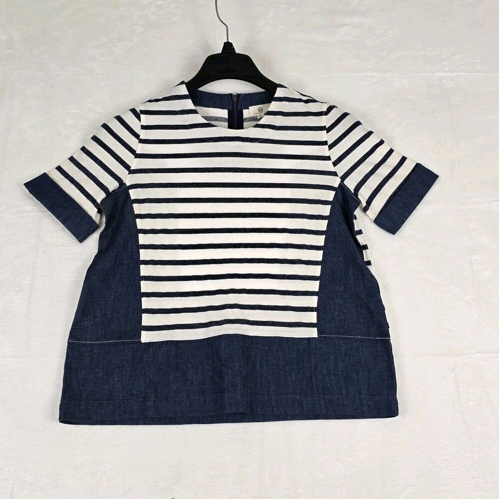 AG Adriano Goldschmied Striped Denim Short Sleeve Top Women XS Navy White Zip